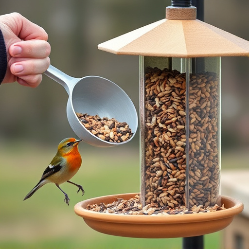 Scoop pouring seeds into bird feeder
