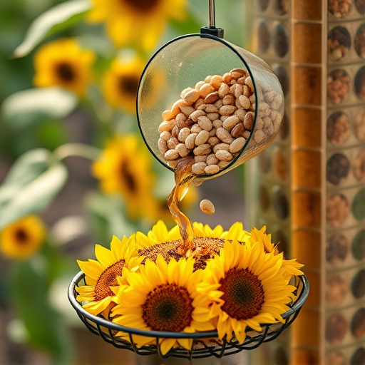 Scoop pouring sunflower hearts into feeder