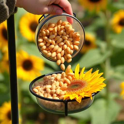 Scoop pouring sunflower hearts into feeder