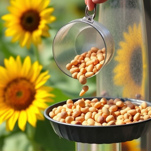 Scoop pouring sunflower hearts into feeder