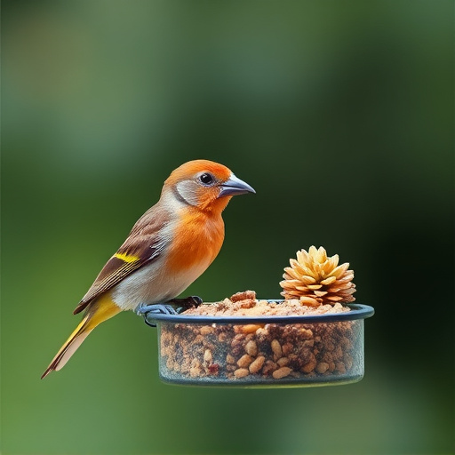 Small bird feeding at cage feeder