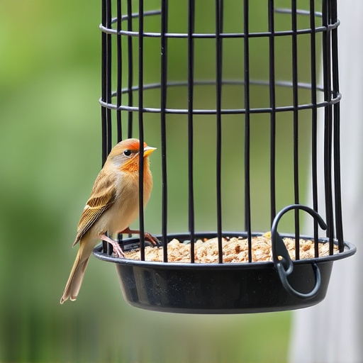 Small bird feeding at cage feeder