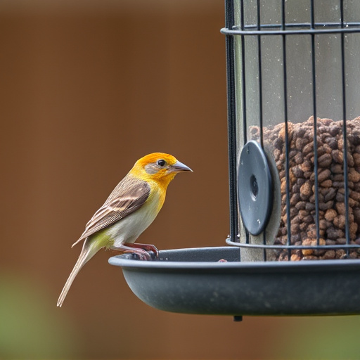 Small bird feeding at cage feeder