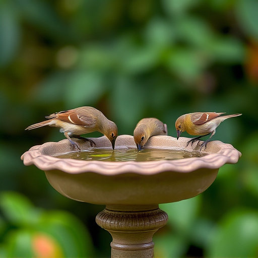 Small birds drinking from birdbath