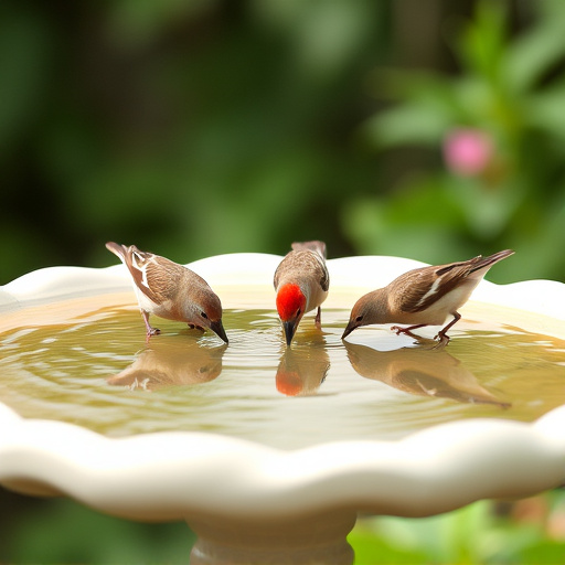 Small birds drinking from birdbath