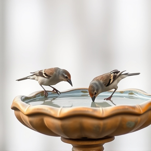 Small birds drinking from birdbath