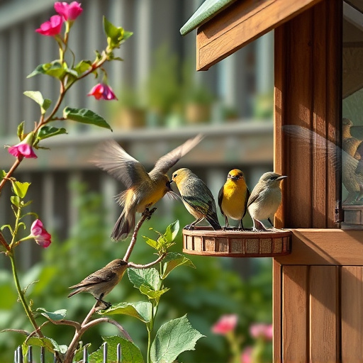 Small birds eating at garden station