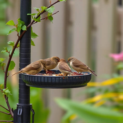 Small birds eating at garden station