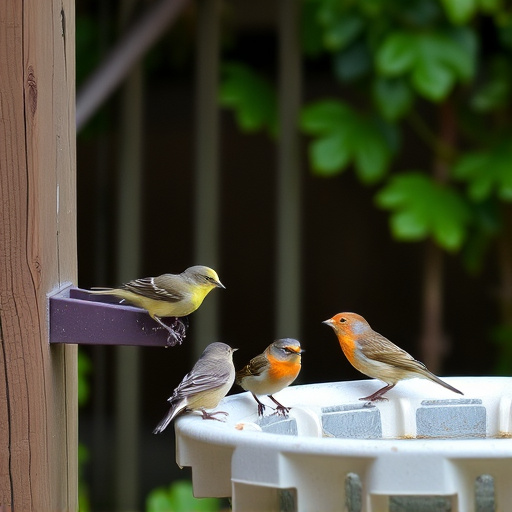 Small birds eating at garden station