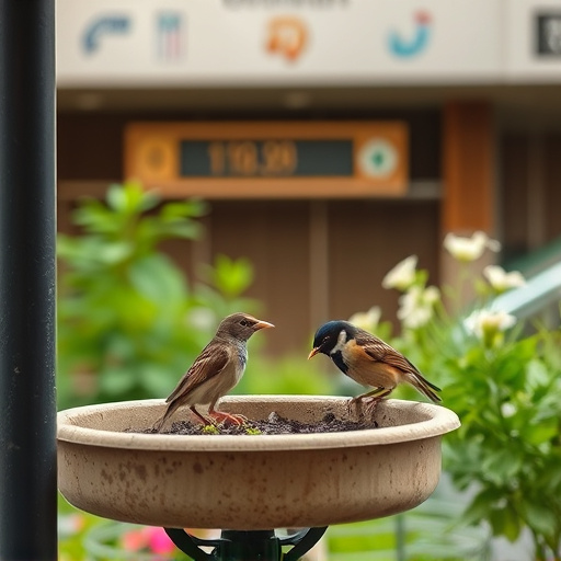 Small birds eating at garden station