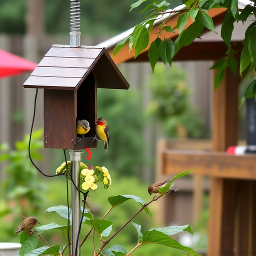 Small birds eating at garden station