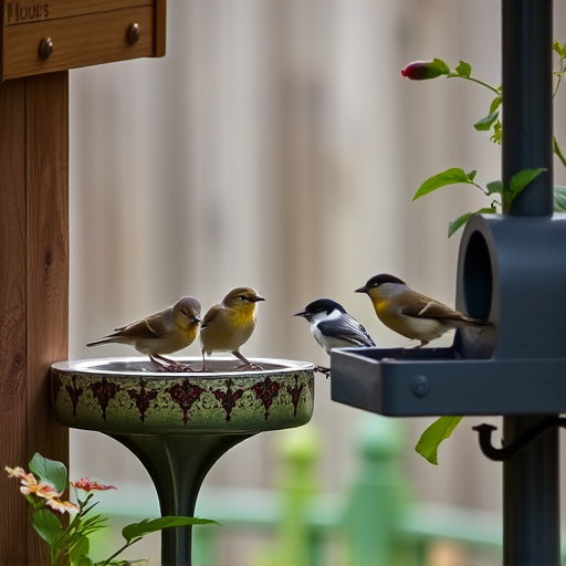 Small birds eating at garden station