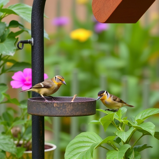 Small birds eating at garden station
