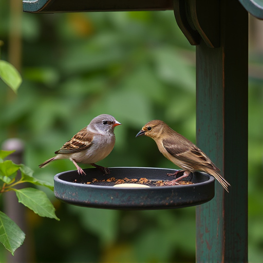 Small birds eating at garden station