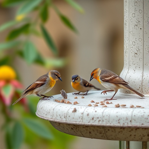 Small birds eating at garden station