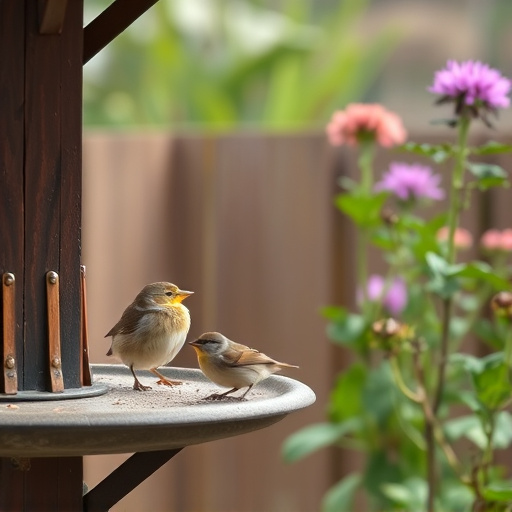Small birds eating at garden station