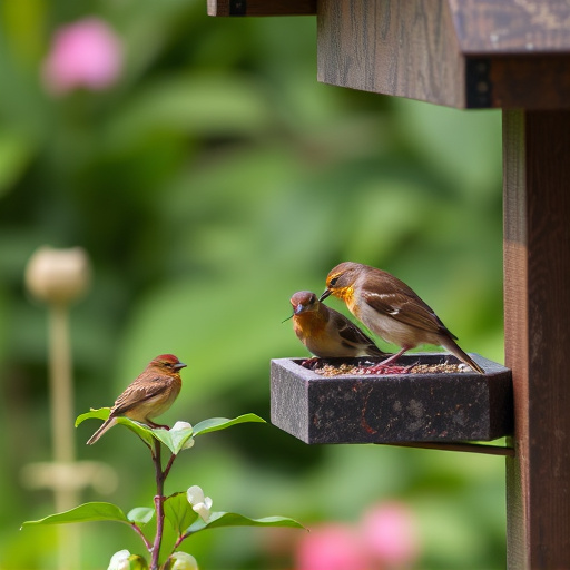 Small birds eating at garden station