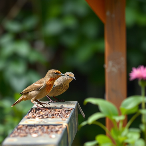 Small birds eating at garden station