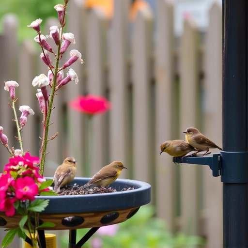 Small birds eating at garden station