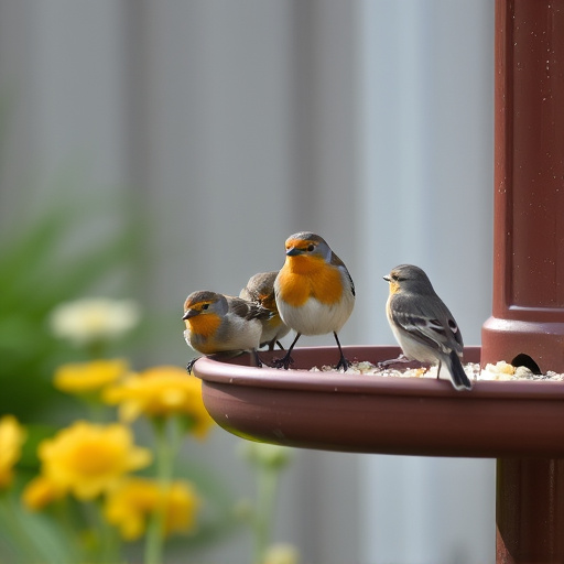 Small birds eating at garden station