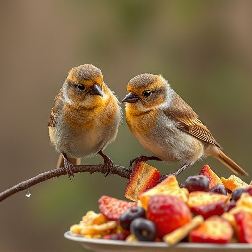 Small birds eating dried fruit pieces
