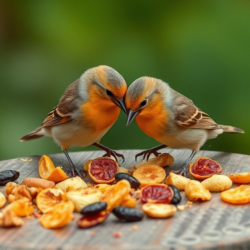 Small birds eating dried fruit pieces