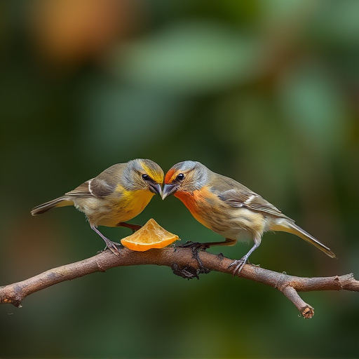Small birds eating dried fruit pieces