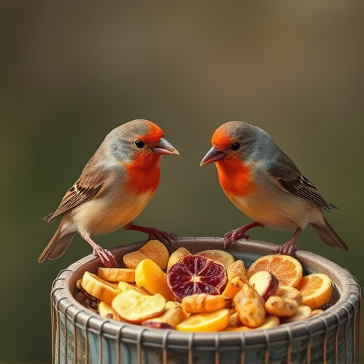 Small birds eating dried fruit pieces