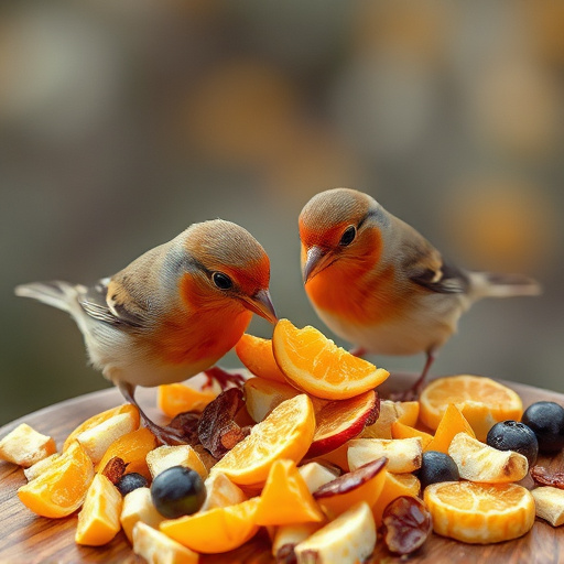 Small birds eating dried fruit pieces