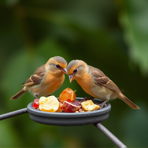Small birds eating dried fruit pieces