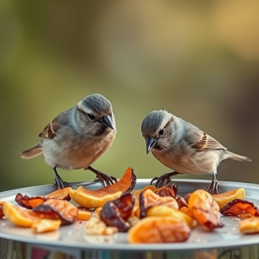 Small birds eating dried fruit pieces