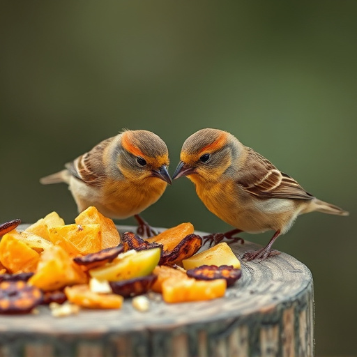 Small birds eating dried fruit pieces