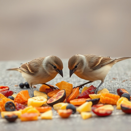 Small birds eating dried fruit pieces