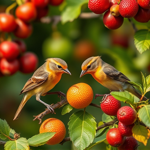 Small birds eating juicy summer fruits
