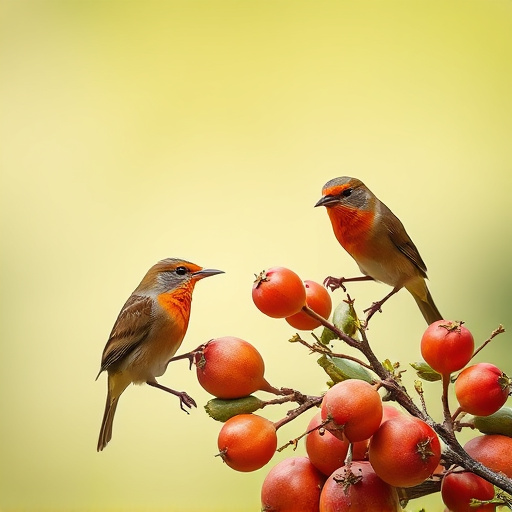 Small birds eating juicy summer fruits