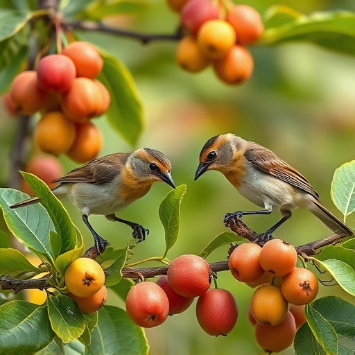 Small birds eating juicy summer fruits