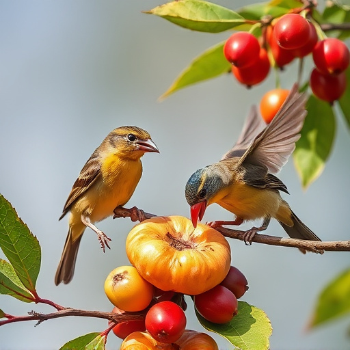 Small birds eating juicy summer fruits
