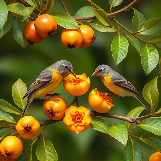 Small birds eating juicy summer fruits