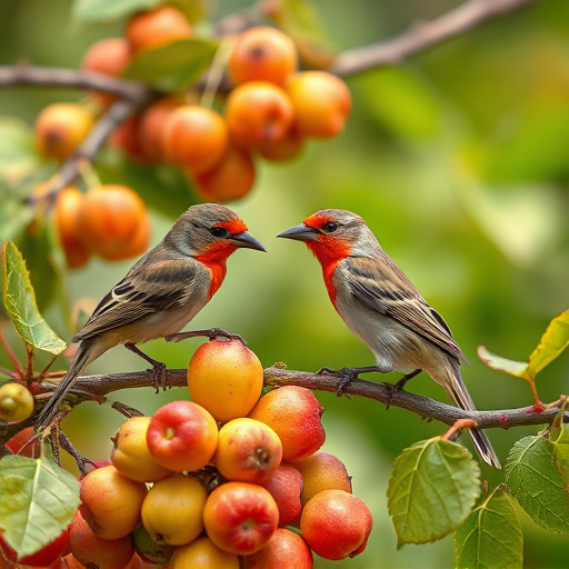 Small birds eating juicy summer fruits