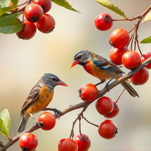 Small birds eating juicy summer fruits