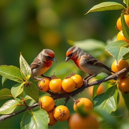 Small birds eating juicy summer fruits