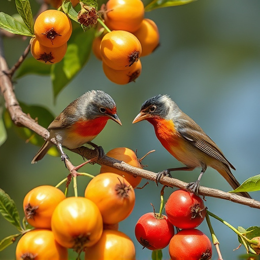 Small birds eating juicy summer fruits