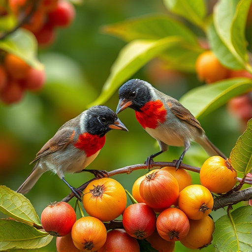 Small birds eating juicy summer fruits