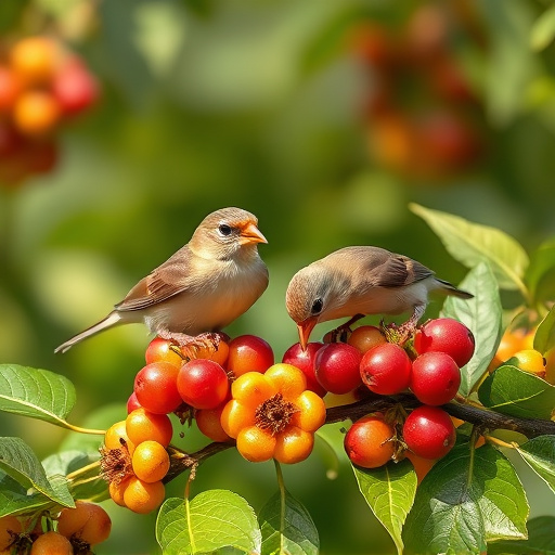 Small birds eating juicy summer fruits