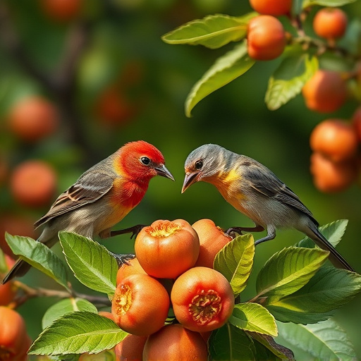 Small birds eating juicy summer fruits