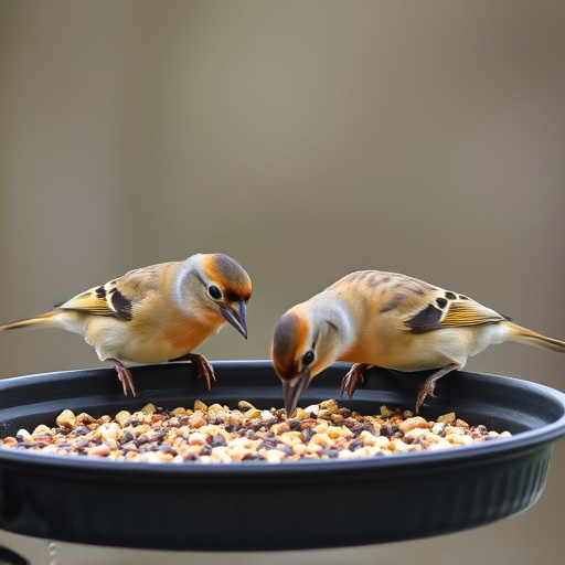 Small birds eating seed from tray