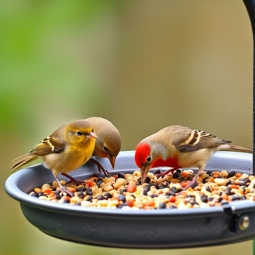 Small birds eating seed from tray