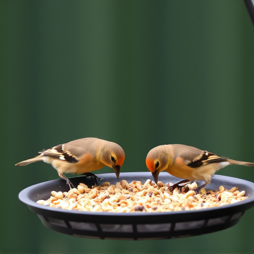 Small birds eating seed from tray