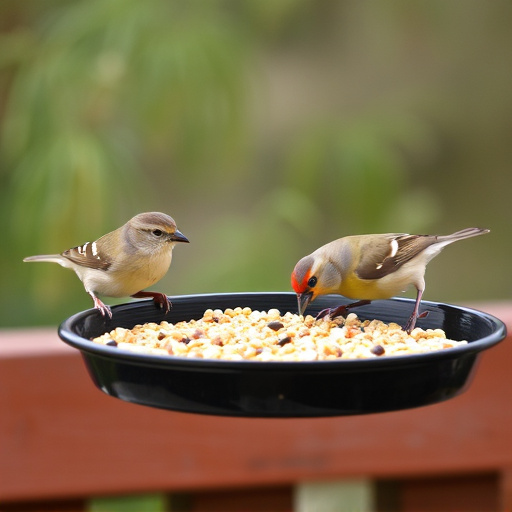 Small birds eating seed from tray