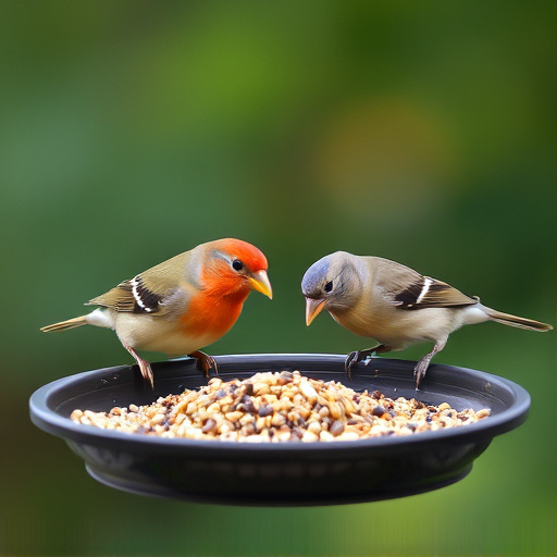 Small birds eating seed from tray